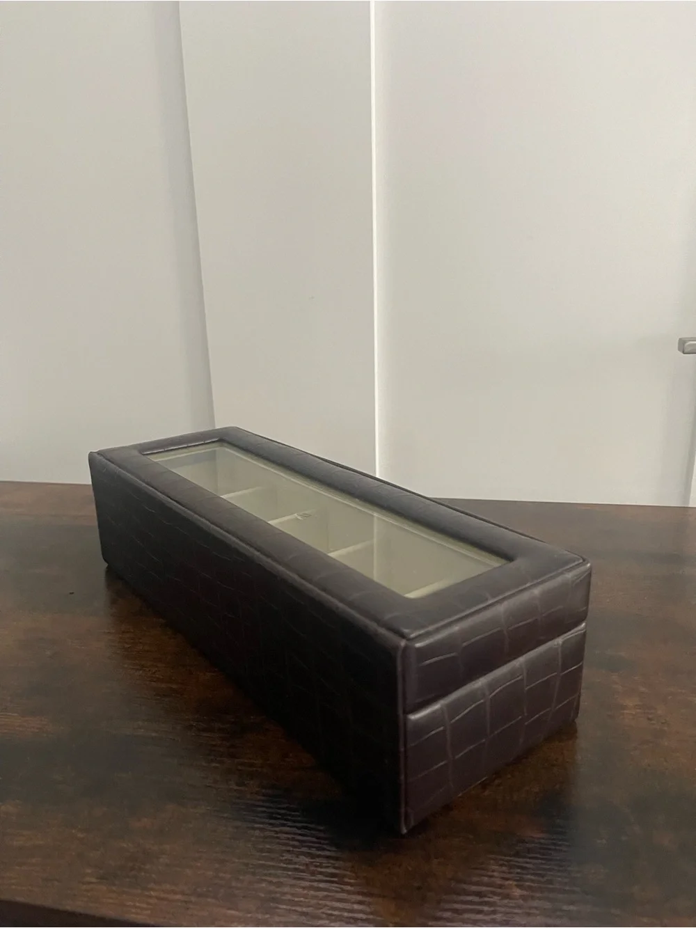 Leather-Look Dark Brown Watch Storage Case with Glass Top